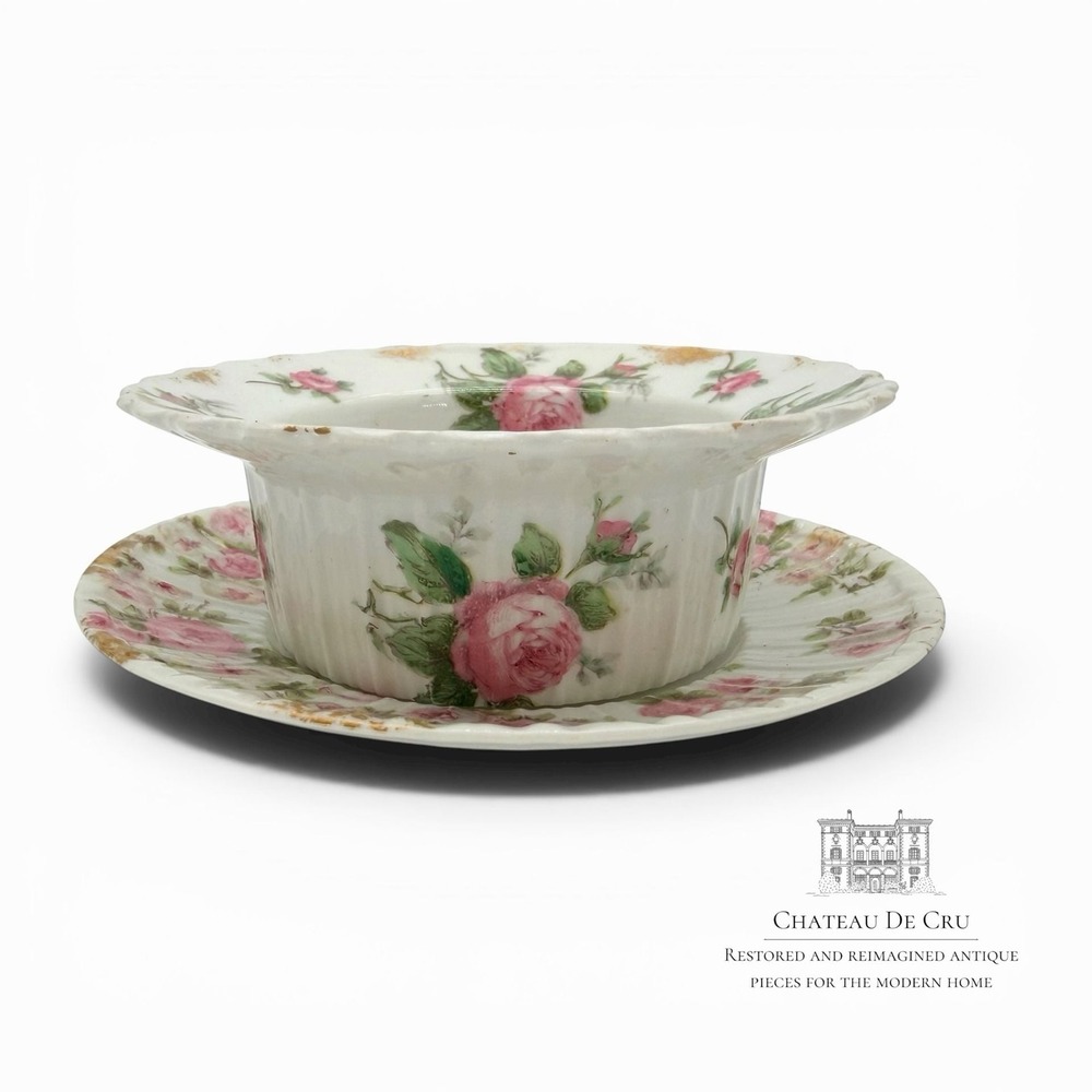 Vintage GDA Limoges France Floral Porcelain Custard Cup and Saucer‎ Set